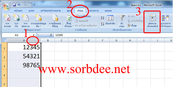 แยกข้อมูลออกจากกันในช่องเซลล์แต่ละช่อง Excel 2007, 2010