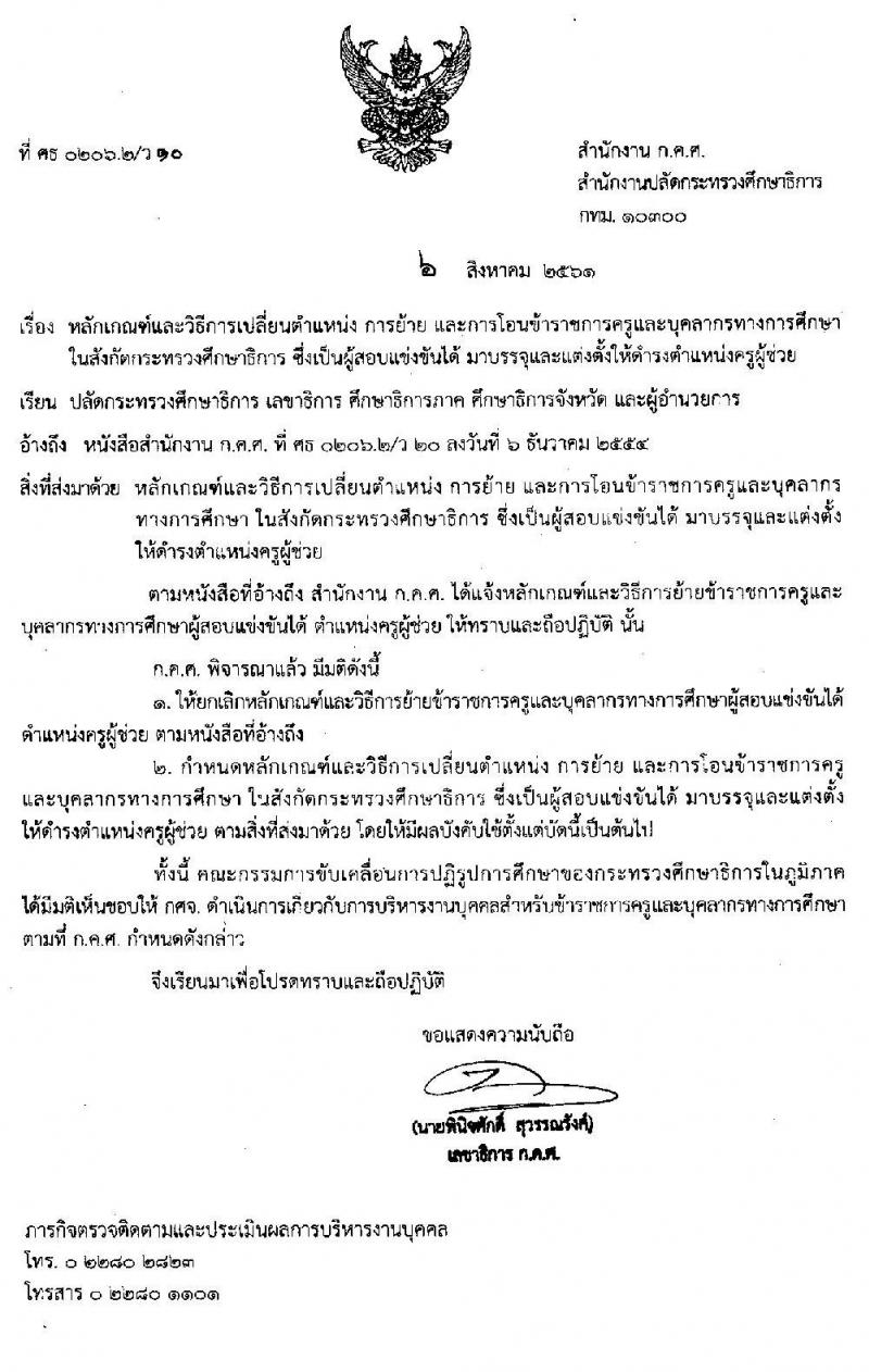 หลักเกณฑ์และวิธีการเปลี่ยนตำแหน่ง การย้าย และการโอนข้าราชการครูและบุคลากรทางการศึกษา ซึ่งเป็นผู้สอบแข่งขันได้มาบรรจุและแต่งตั้งให้ดำรงตำแหน่งครูผู้ช่วย