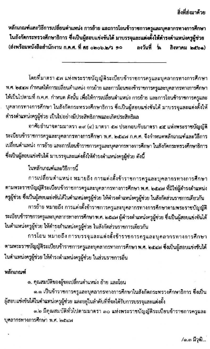 หลักเกณฑ์และวิธีการเปลี่ยนตำแหน่ง การย้าย และการโอนข้าราชการครูและบุคลากรทางการศึกษา ซึ่งเป็นผู้สอบแข่งขันได้มาบรรจุและแต่งตั้งให้ดำรงตำแหน่งครูผู้ช่วย