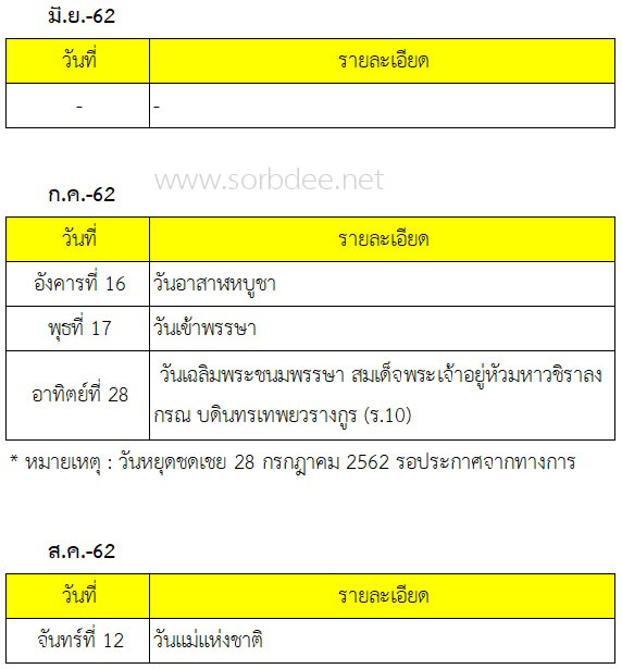 วันหยุด 2562