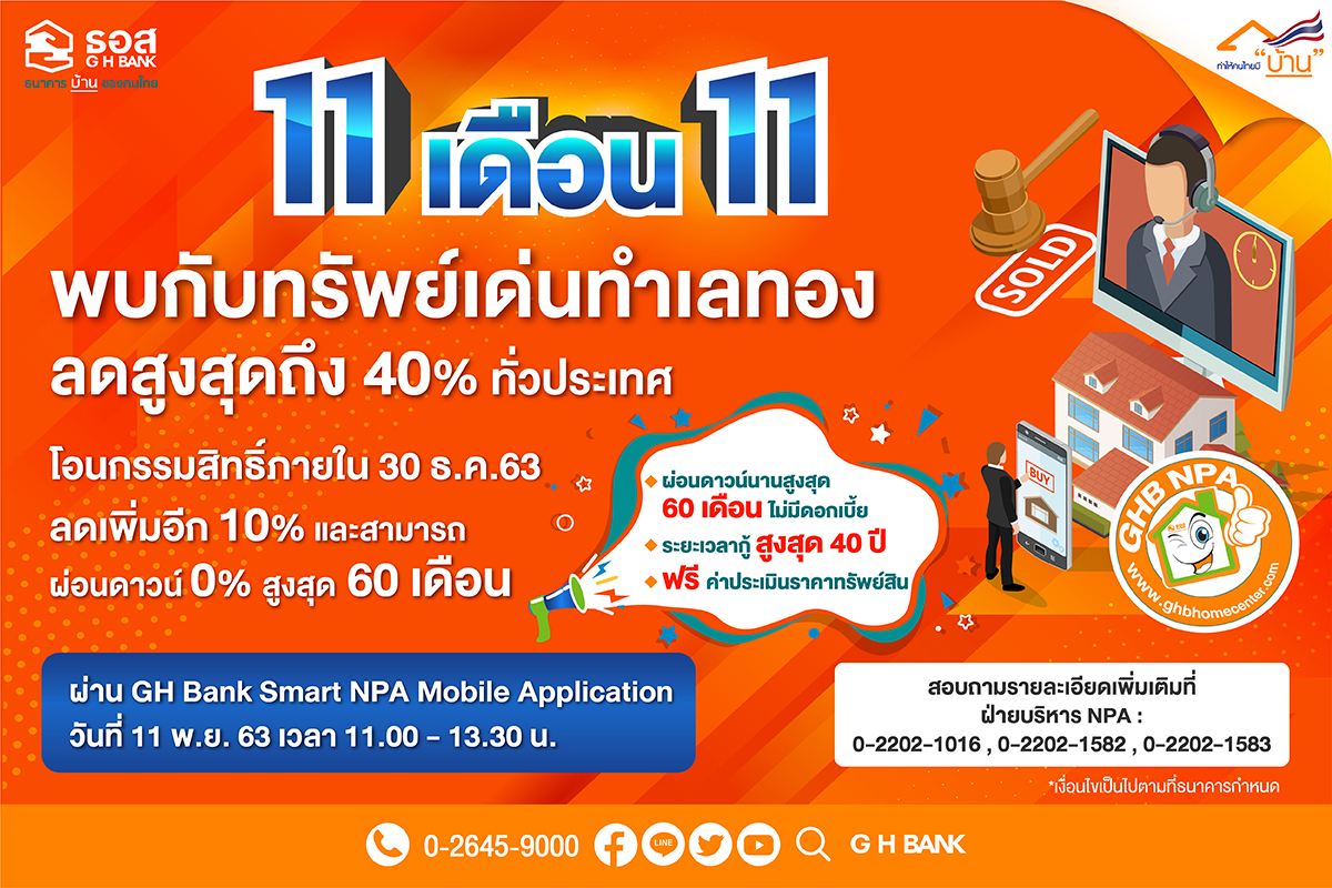 บ้านมือสอง ธอส. ในมหกรรม 11.11 พบกับ 111 ทรัพย์เด่น ธอส.เปิดประมูลขายออนไลน์ผ่านแอป G H Bank Smart NPA