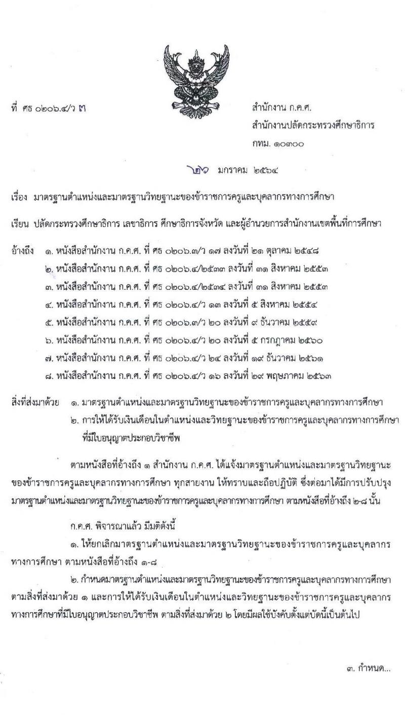 มาตรฐานตำแหน่งและมาตรฐานวิทยฐานะของข้าราชการครูและบุคลากรทางการศึกษา ลงวันที่ 26 มกราคม 2564