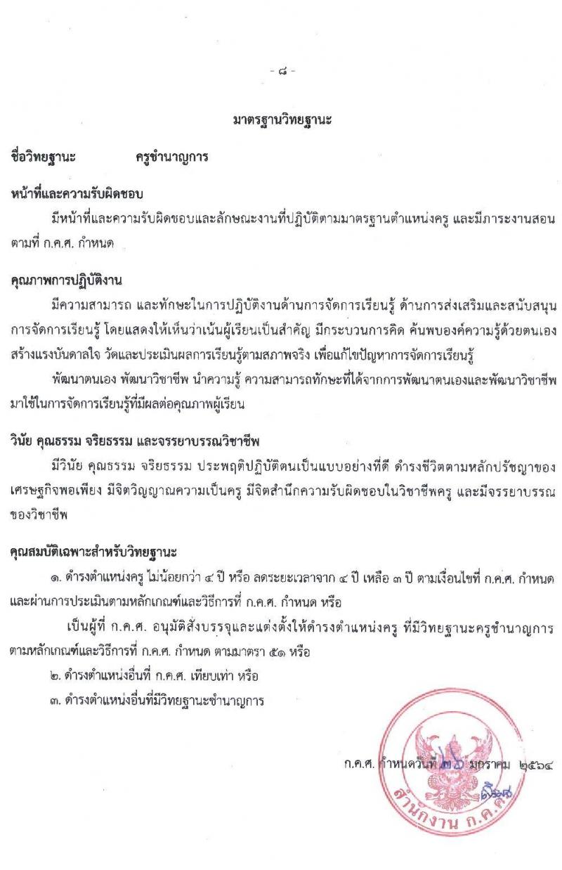 มาตรฐานตำแหน่งและมาตรฐานวิทยฐานะของข้าราชการครูและบุคลากรทางการศึกษา ลงวันที่ 26 มกราคม 2564