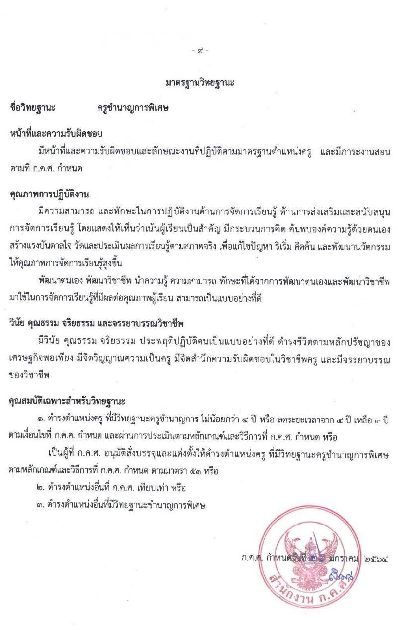 มาตรฐานตำแหน่งและมาตรฐานวิทยฐานะของข้าราชการครูและบุคลากรทางการศึกษา ลงวันที่ 26 มกราคม 2564