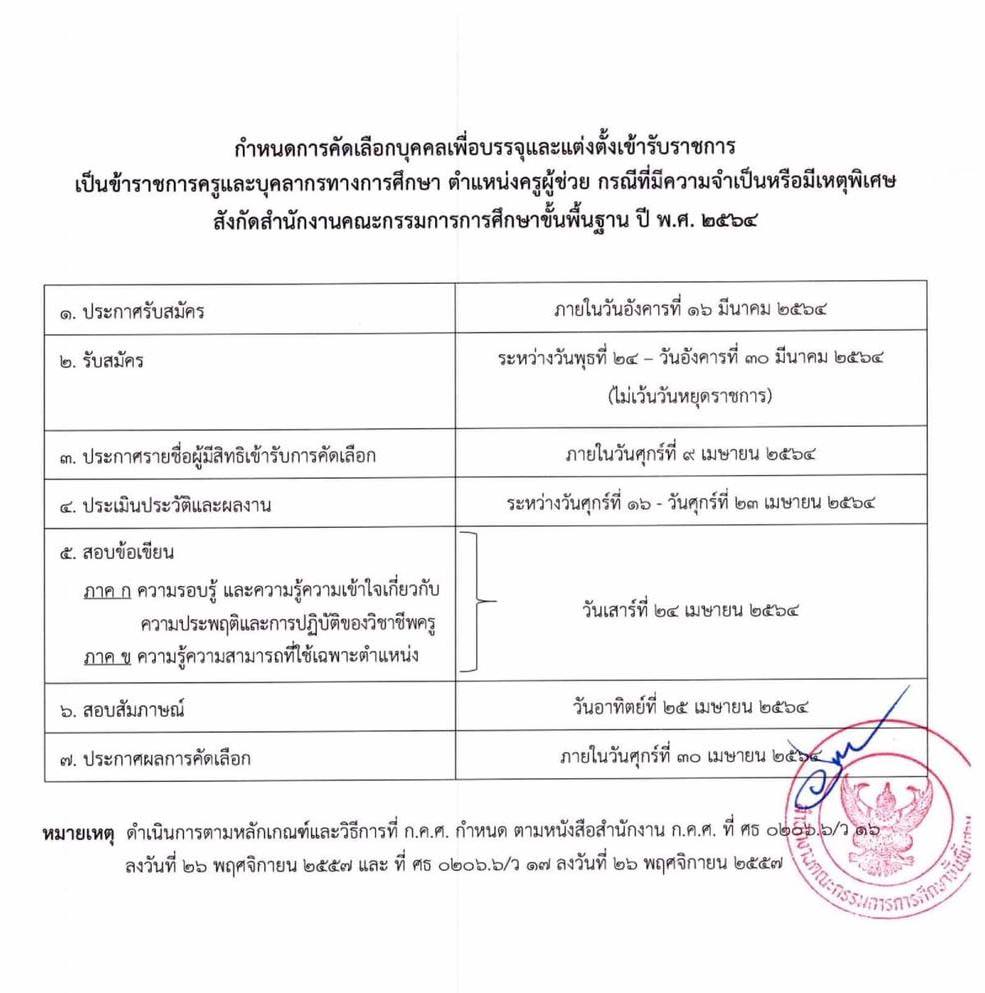 กำหนดการสอบครูผู้ช่วย (กรณีมีความจำเป็นหรือมีเหตุพิเศษ) ปี พ.ศ. 2564
