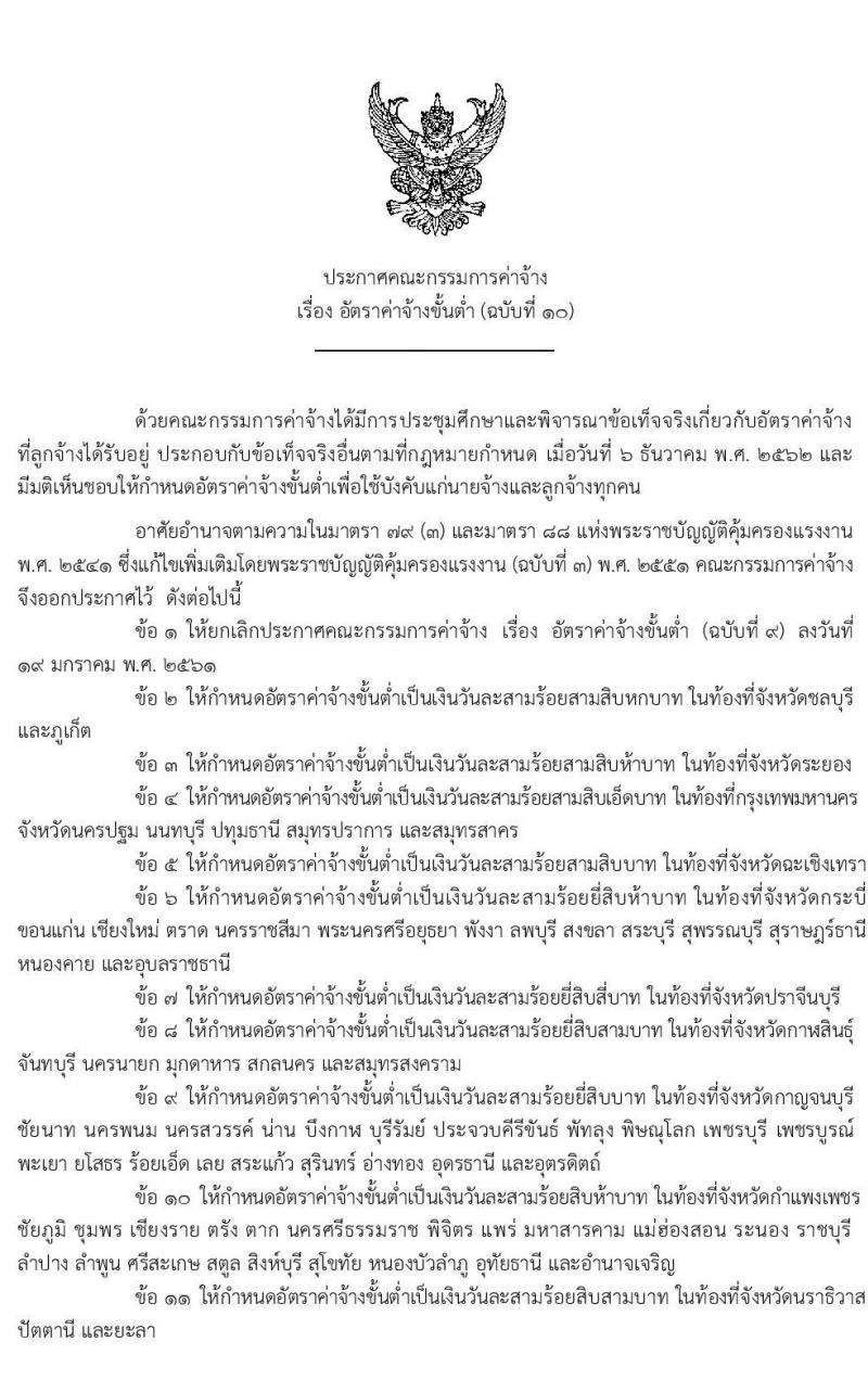 ค่าจ้างขั้นต่ำ ประจำปี 2561 ถึง ปัจจุบัน