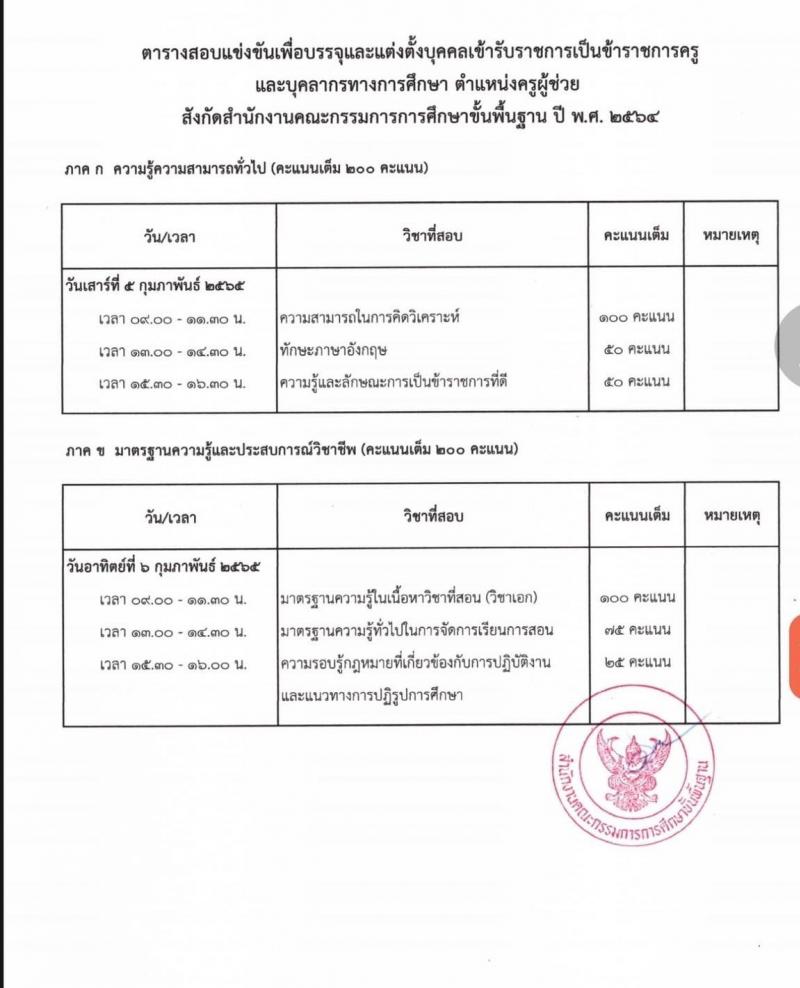 ปฏิทินสอบภาค ก และภาค ข ครูผู้ช่วย กรณี้ทั่วไป 2564