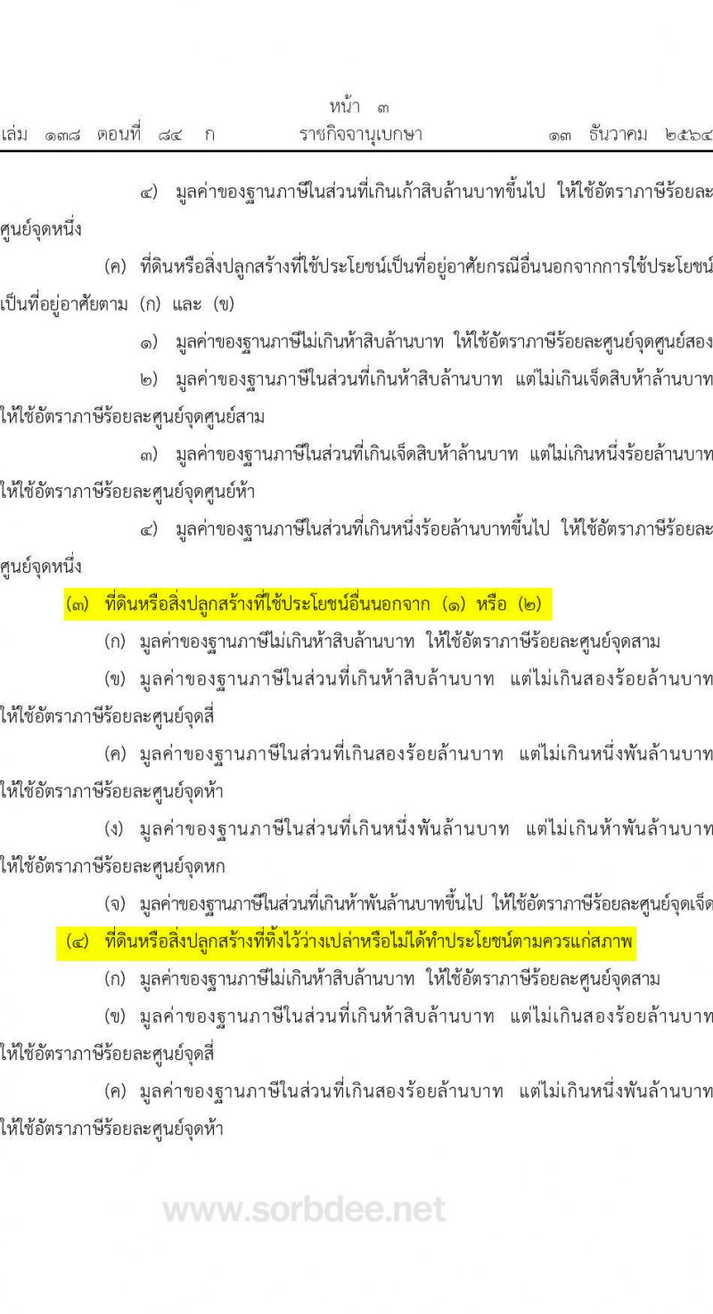 กำหนดอัตราภาษีที่ดินและสิ่งปลูกสร้าง พ.ศ. 2564