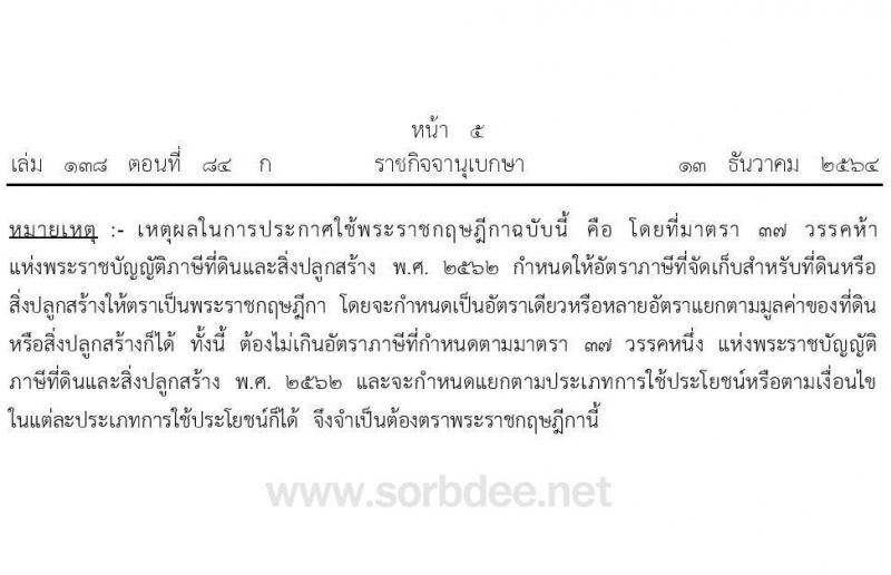 กำหนดอัตราภาษีที่ดินและสิ่งปลูกสร้าง พ.ศ. 2564