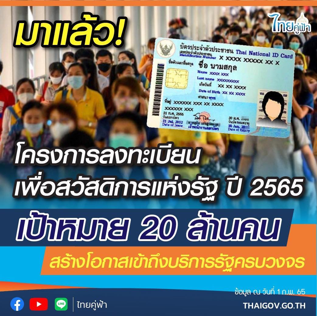 โครงการลงทะเบียนเพื่อสวัสดิการแห่งรัฐ ปี 2565 เป้าหมาย 20 ล้านคน