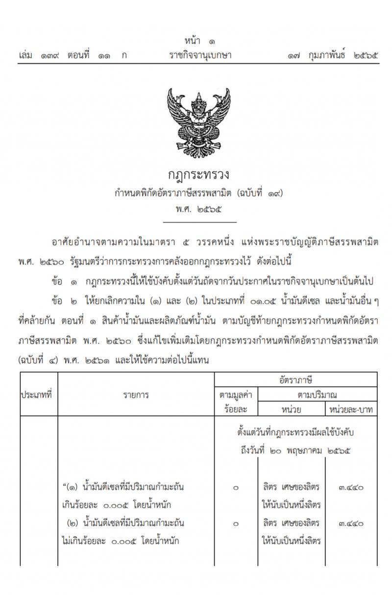 ลดภาษีสรรพสามิต น้ำมันดีเซล ลดลง 3 บาท มีผลตั้งแต่ 18 กุมภาพันธ์ 2565