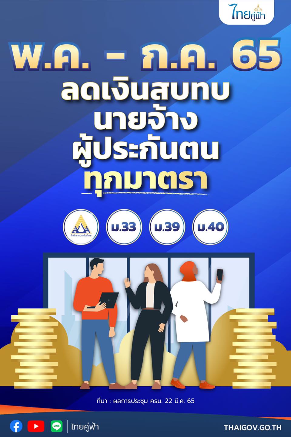 รัฐบาลเคาะมาตรการลดเงินสมทบผู้ประกันตน 3 เดือน (พ.ค. - ก.ค. 65)