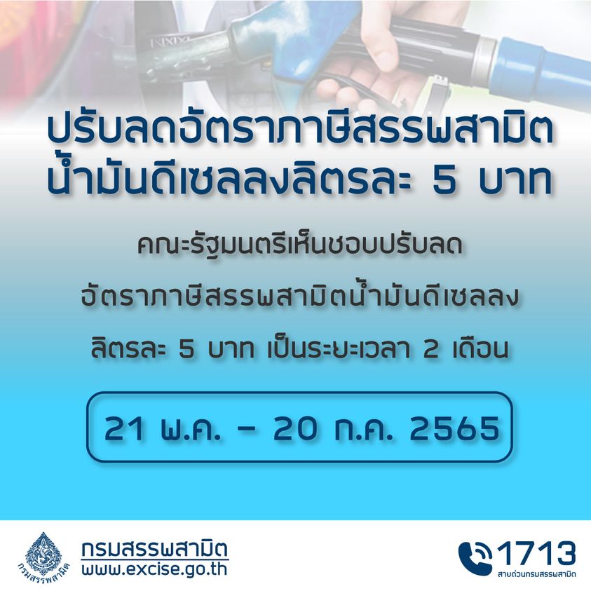 ครม. เห็นชอบปรับลดอัตราภาษีสรรพสามิตน้ำมันดีเซลลงลิตรละ 5 บาท ระยะเวลา 2 เดือน