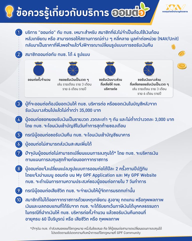 10 เรื่องควรรู้เกี่ยวกับบริการออมต่อ บริการที่เป็นทางเลือกบริหารจัดการเงินภายหลังเกษียณสำหรับสมาชิก กบข. 