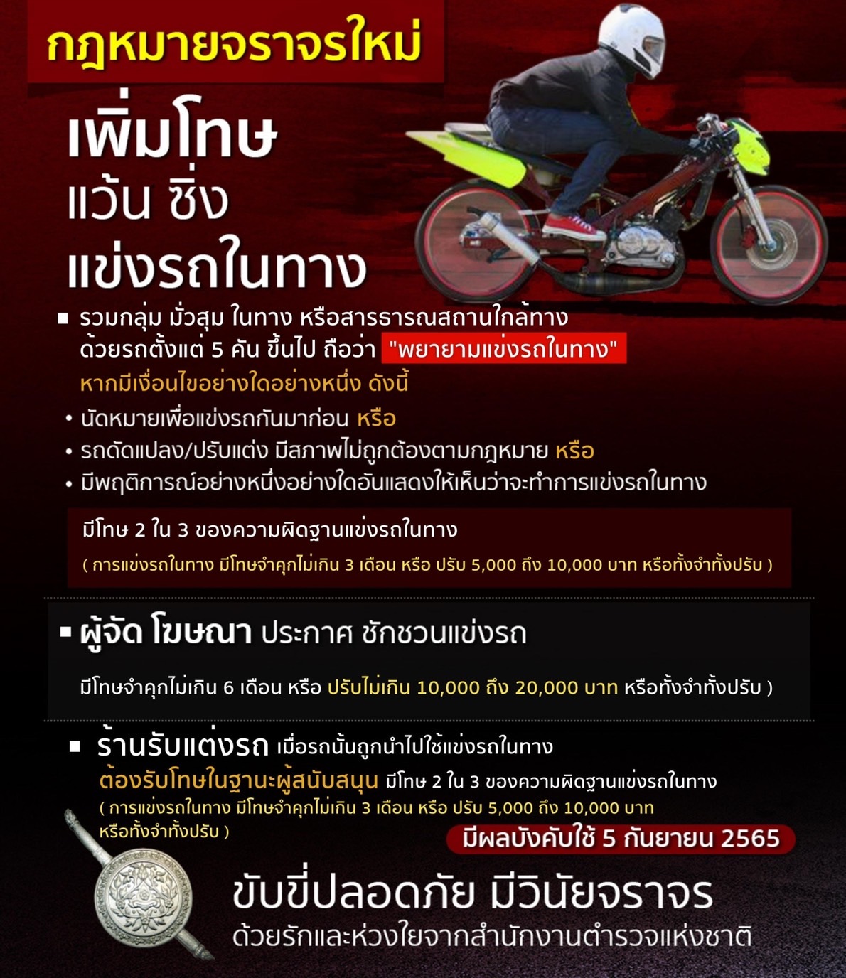 กฎจราจรใหม่ ปี 2565 บังคับใช้วันที่ 5 กันยายน 2565 เป็นต้นไป