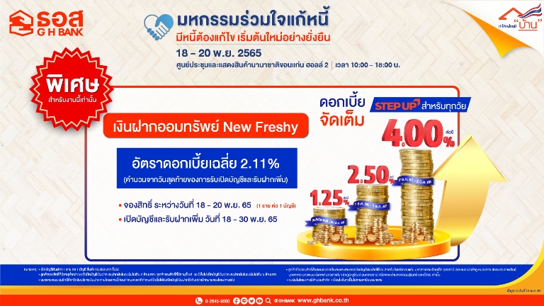 ธอส. เปิดรับฝากออมทรัพย์ New Freshy ผลตอบแทนสูงสุดถึง 4.00% ต่อปี ในงานมหกรรมร่วมใจแก้ไขหนี้ฯ ขอนแก่น 18-20 พ.ย. 65 นี้เท่านั้น