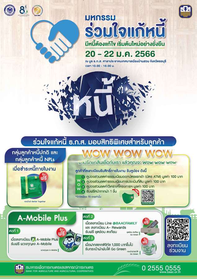 ธ.ก.ส. จัดมาตรการแก้ปัญหาหนี้เกษตรกรแบบครบวงจร ในงานมหกรรมร่วมใจแก้หนี้สัญจร จังหวัดชลบุรี