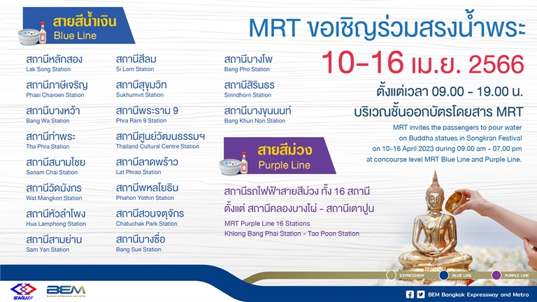 รถไฟฟ้า MRT ฟรีค่าโดยสารรถไฟฟ้าทั้ง 2 สายแก่ผู้สูงอายุ และเตรียมพร้อมอำนวยความสะดวกและปลอดภัยแก่ประชาชนในช่วงเทศกาลสงกรานต์ 2566