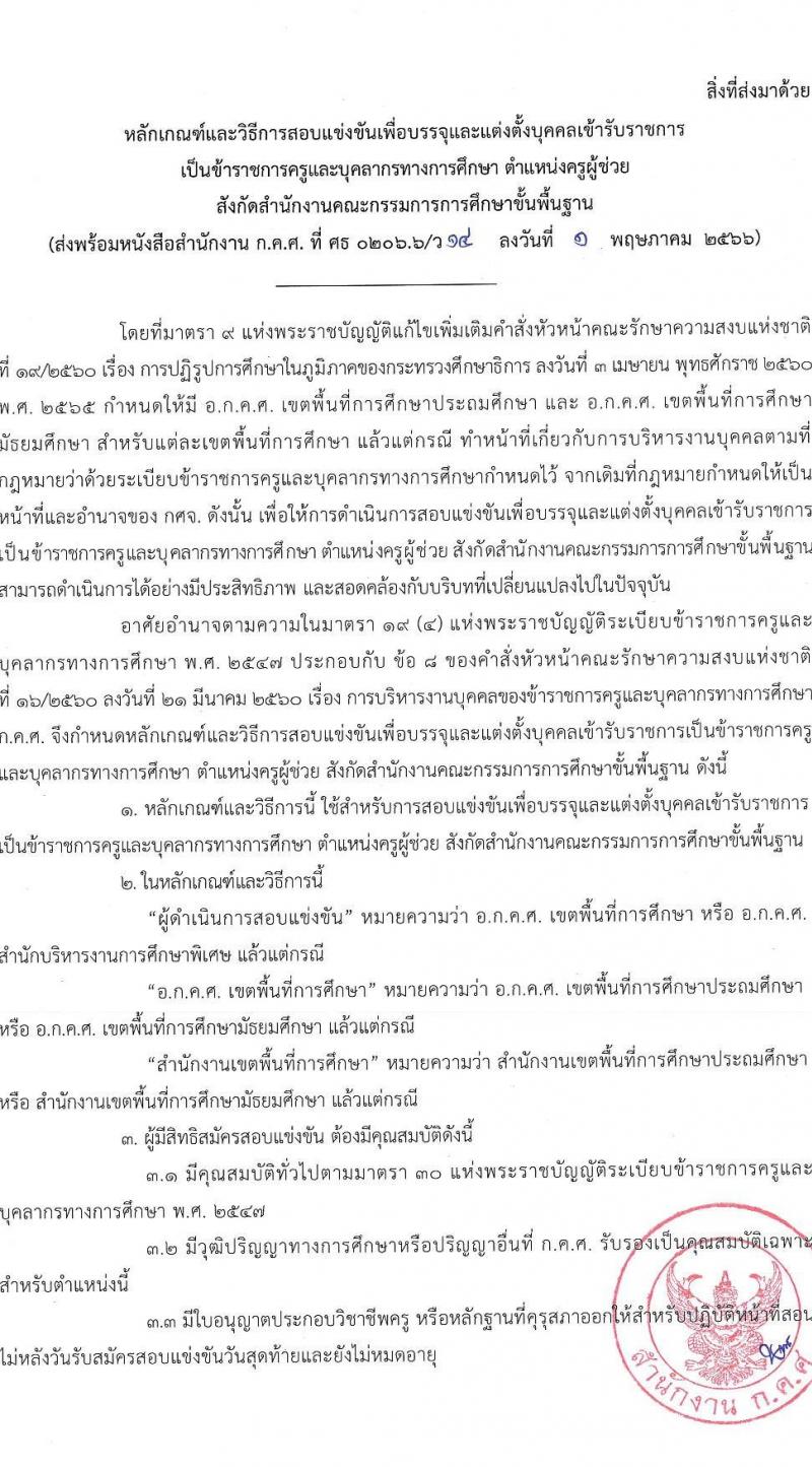 หลักเกณฑ์และวิธีการสอบแข่งขันเพื่อบรรจุและแต่งตั้งบุคคลเข้ารับราชการเป็นข้าราชการครูและบุคลากรทางการศึกษา ตำแหน่งครูผู้ช่วย สังกัดสำนักงานคณะกรรมการการศึกษาขั้นพื้นฐาน 2566