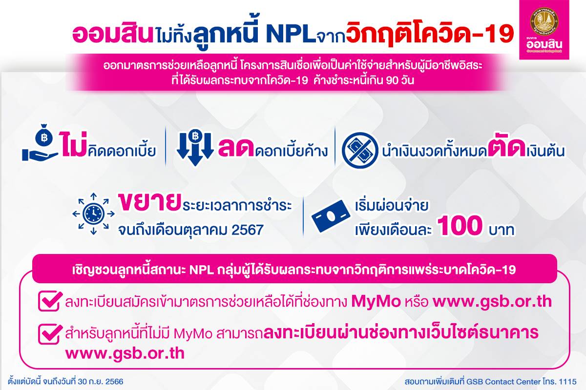 ธนาคารออมสินไม่คิดดอกเบี้ย-ลดดอกเบี้ยค้าง-นำเงินงวดทั้งหมดตัดเงินต้น