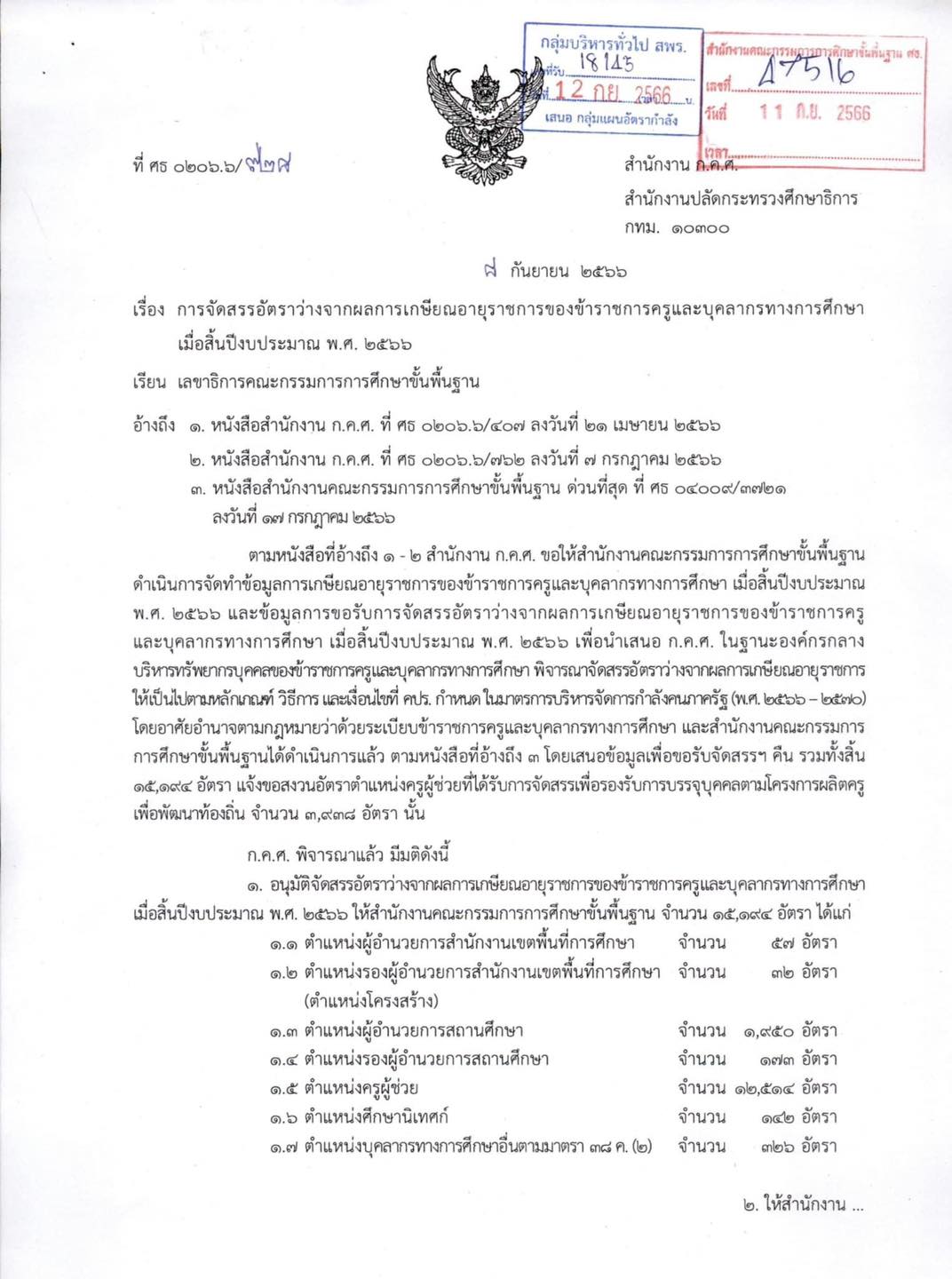 ตำแหน่งครูว่าง 2566 การจัดสรรอัตราว่างจากผลการเกษียณอายุของข้าราชการครูและบุคคลกรทางการศึกษาเมื่อสิ้นปีงบประมาณ พ.ศ. 2566