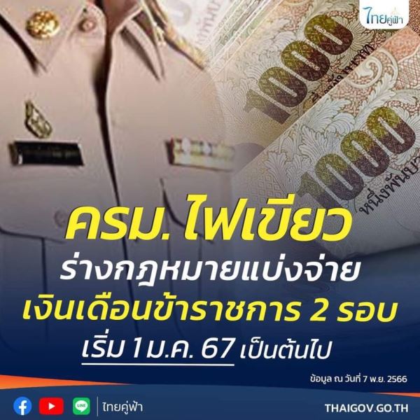 ครม. ไฟเขียวร่างกฎหมายแบ่งจ่ายเงินเดือนข้าราชการ 2 รอบ เริ่ม 1 ม.ค. 67 เป็นต้นไป