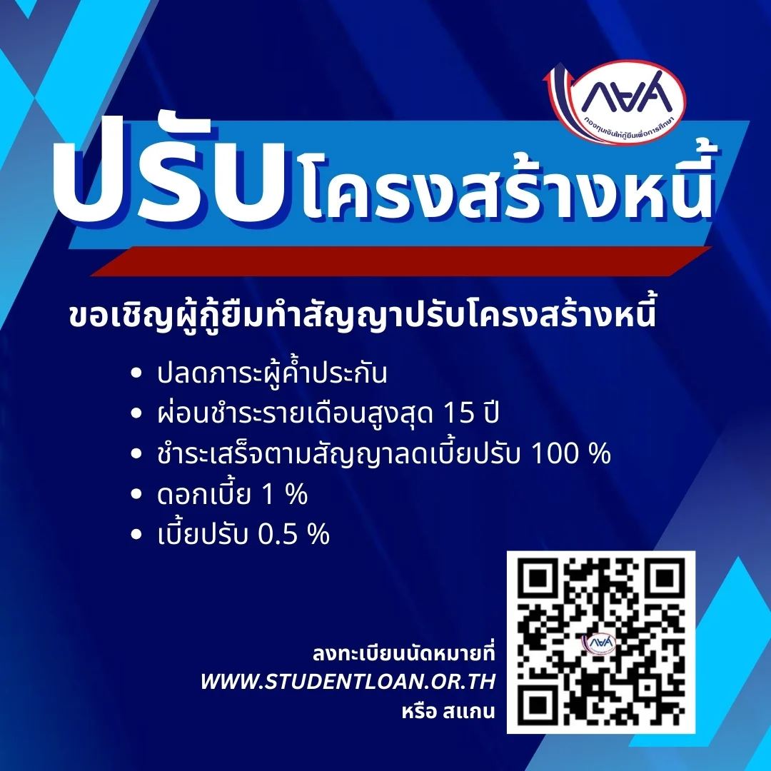 กยศ. ปรับโครงสร้างหนี้ ลงทะเบียนนัดหมายวันเข้าทำสัญญาล่วงหน้าทางเว็บไซต์ <a href=