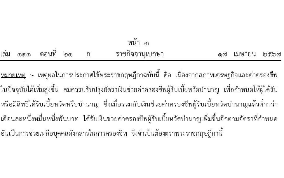 เพิ่มเบี้ยหวัดบำนาญ 11,000 บาท พระราชกฤษฎีกาเงินช่วยค่าครองชีพผู้รับเบี้ยหวัดบำนาญ (ฉบับที่ 17) พ.ศ. 2567