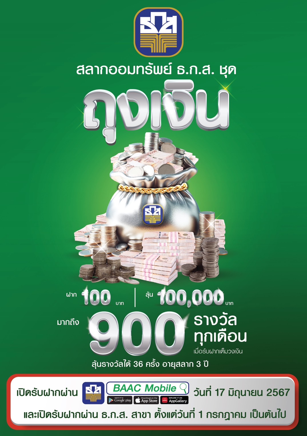 ระจายโชค รวยถ้วนหน้ากับ สลาก ธ.ก.ส. ชุดถุงเงิน ฝาก 100 ลุ้นแสน 900 รางวัลทุกเดือน