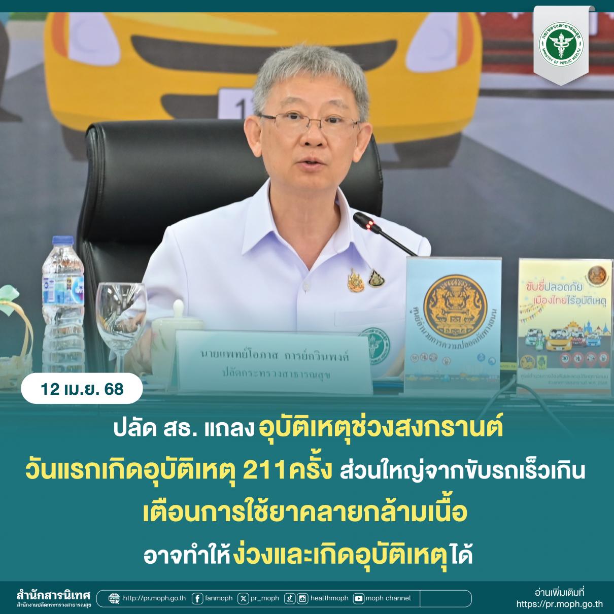ปลัด สธ. แถลงอุบัติเหตุช่วงสงกรานต์ วันแรกเกิดอุบัติเหตุ 211 ครั้ง ส่วนใหญ่จากขับรถเร็วเกิน