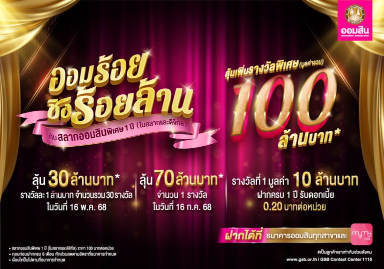 ออมสินร่วมฉลอง 150 ปี ก.คลัง จัดโปรแรง เงินฝาก 150 วัน ดอกเบี้ยพิเศษเฉลี่ย 2.55% ต่อปี